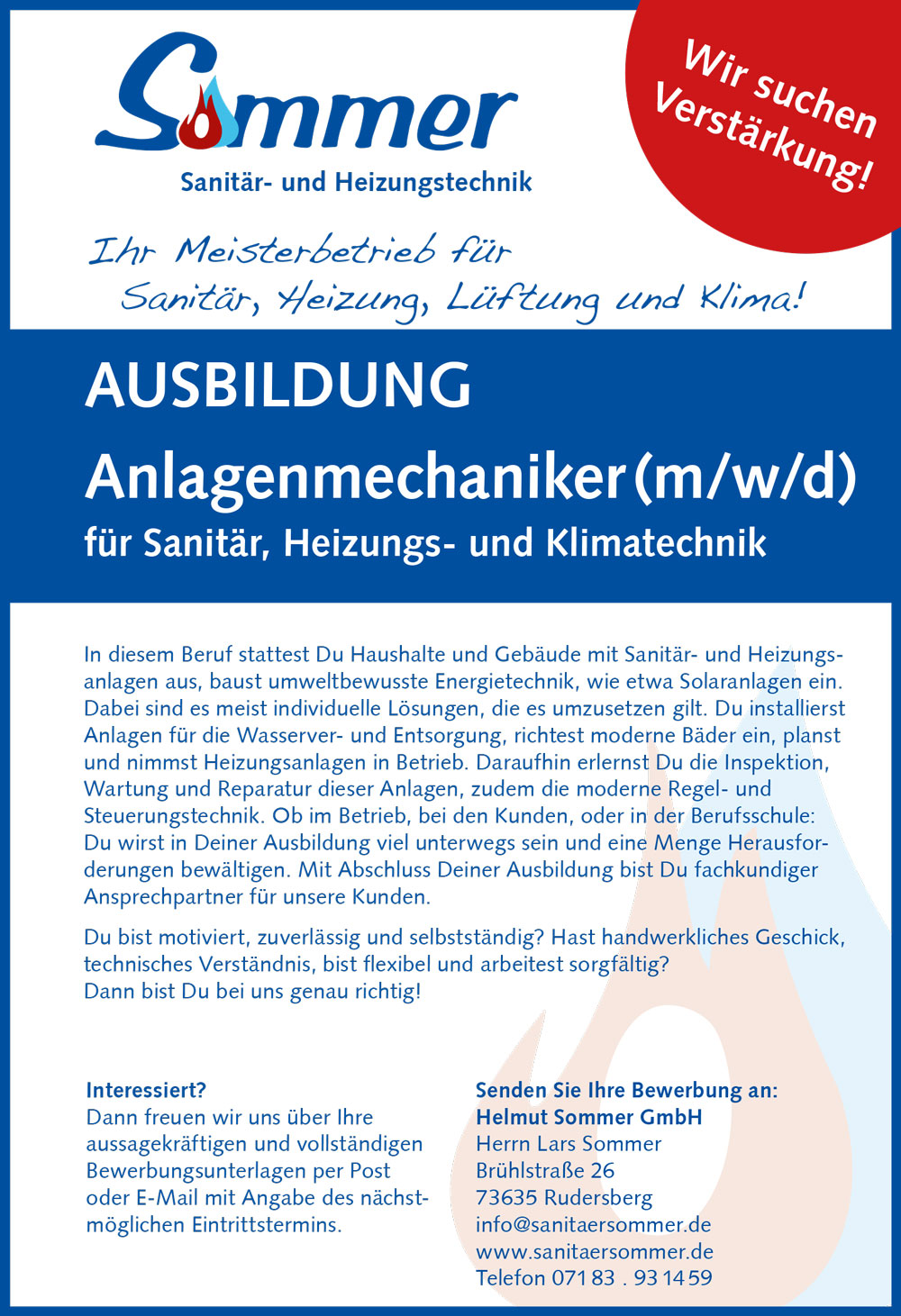 Werbeplakat für eine Ausbildung zum Anlagenmechaniker für Sanitär-, Heizungs- und Klimatechnik.