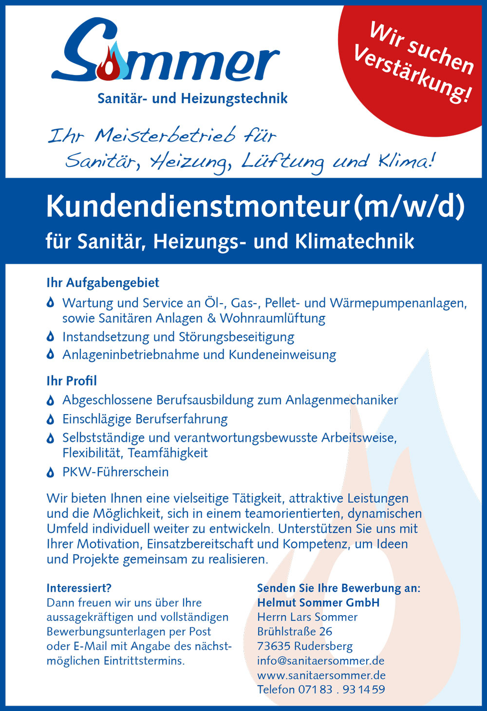 Plakat mit Stellenausschreibung für einen Kundendienstmonteur im Bereich Sanitär-, Heizungs- und Klimatechnik.