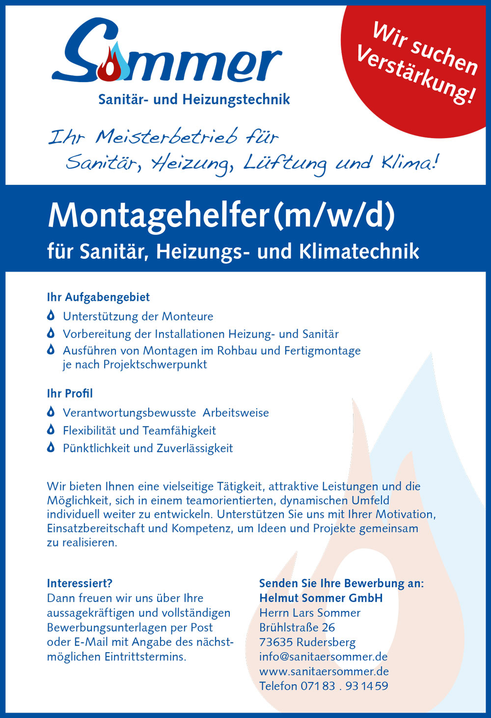 Plakat mit Stellenausschreibung für Montagehelfer im Bereich Sanitär-, Heizungs- und Klimatechnik.