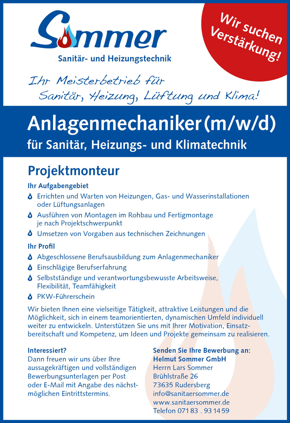 Plakat mit Stellenausschreibung für einen Projektmonteur im Bereich Sanitär-, Heizungs- und Klimatechnik.