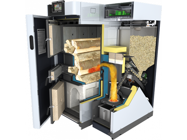 chnittdarstellung eines Holzvergaserkessels mit Pelletsystem – kombinierte Holz- und Pelletheizung.