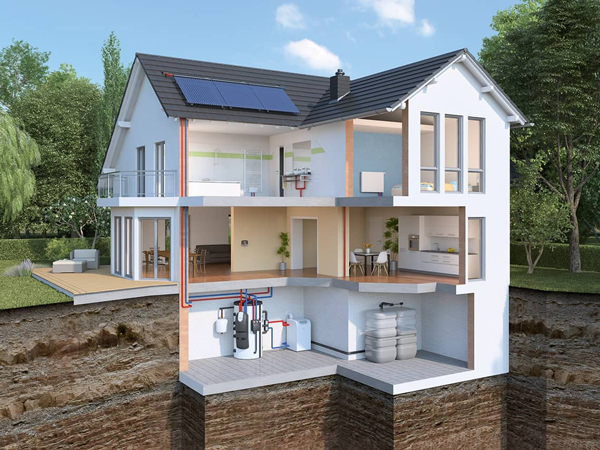 Schnittdarstellung eines Hauses mit moderner Ölbrennwertheizung und Solaranlage – effizientes Heizsystem.